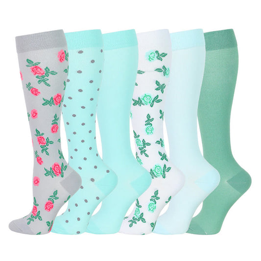 Plusock Blue Green Flower Compression Socks(6 Pairs) - Multicolor - S/M - image 0