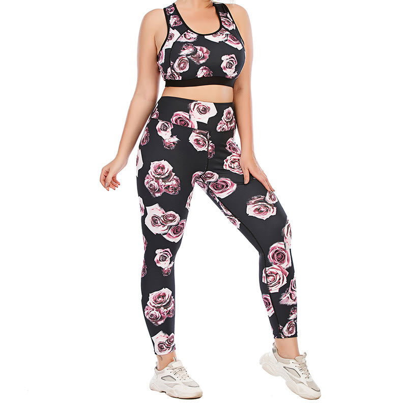 Plusock Plus Size Rose Print Fitness Yoga Sports Suit - image 2