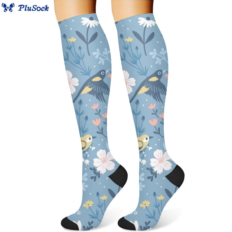 Bird Flower Compression Socks - Blue - L/XL - image 3