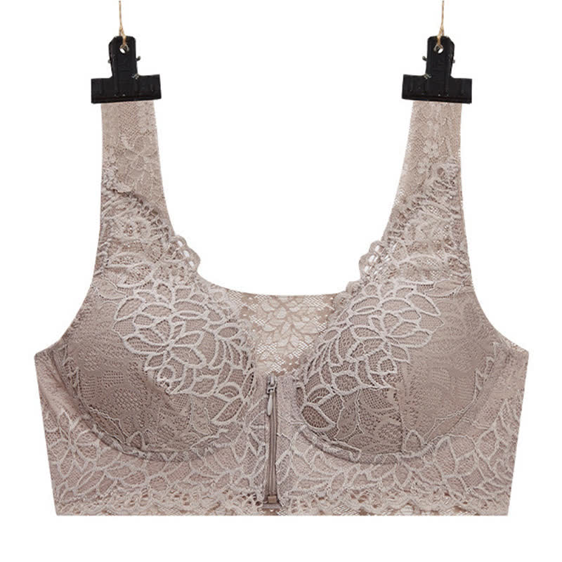 Plus Size Sexy Lace Front Zipper Wireless Bra