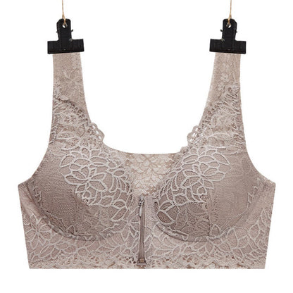 Plus Size Sexy Lace Front Zipper Wireless Bra