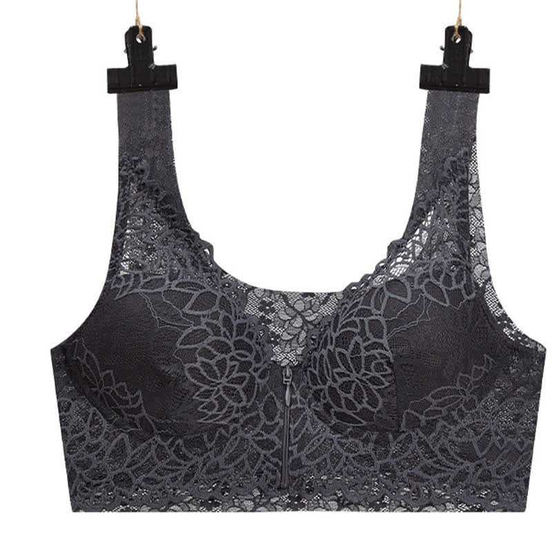 Plus Size Sexy Lace Front Zipper Wireless Bra