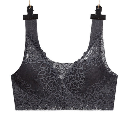 Plus Size Sexy Lace Front Zipper Wireless Bra