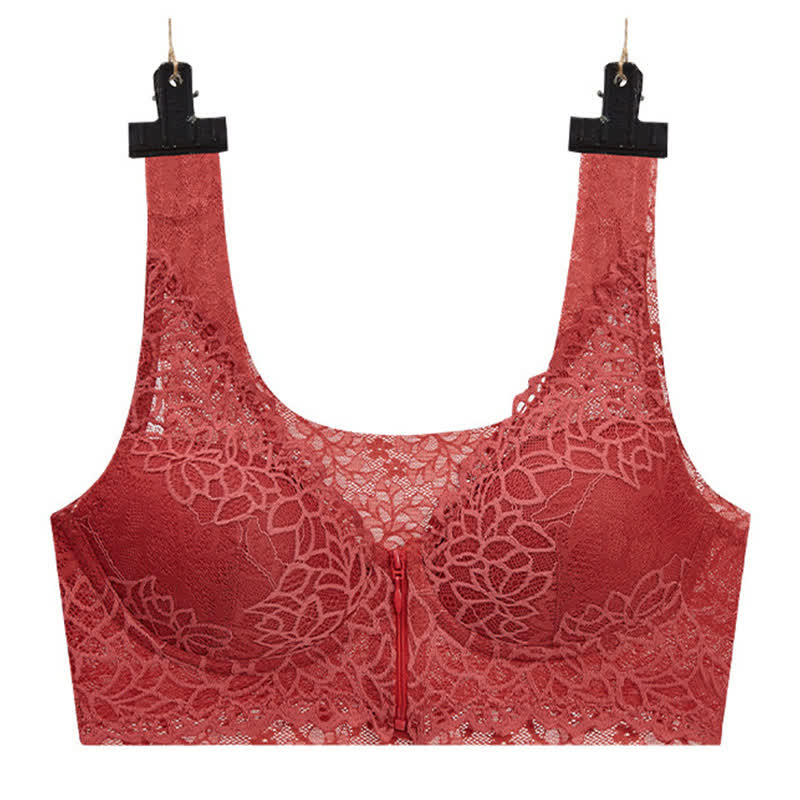 Plus Size Sexy Lace Front Zipper Wireless Bra