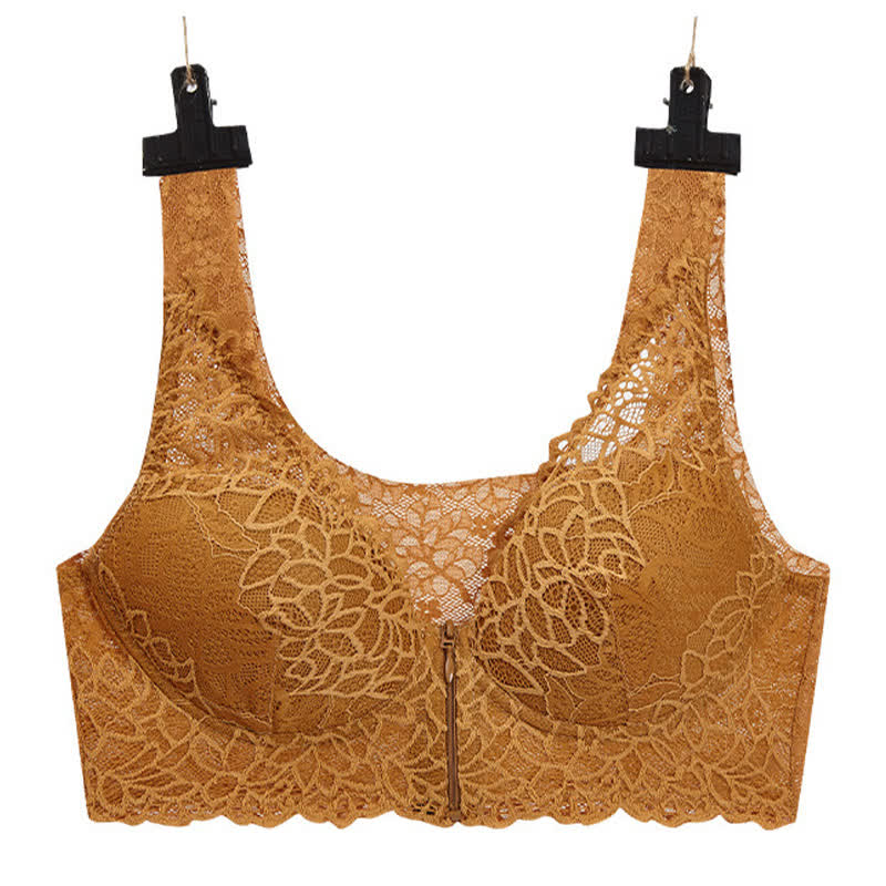 Plus Size Sexy Lace Front Zipper Wireless Bra