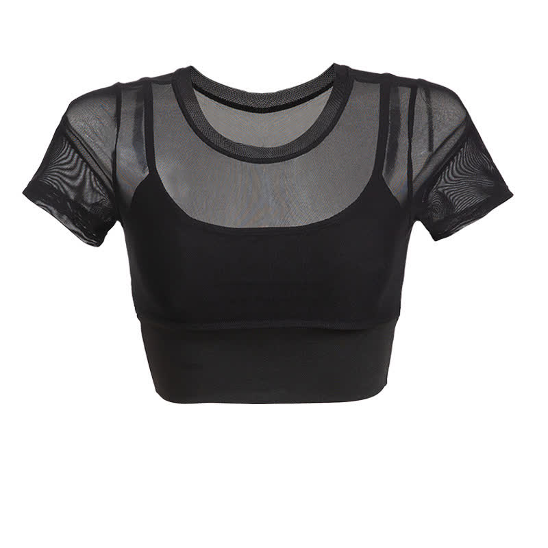 Plusock Plus Size Mesh Yoga Short Sleeves With Removable Chest Pad - Black - 4XL - image 5
