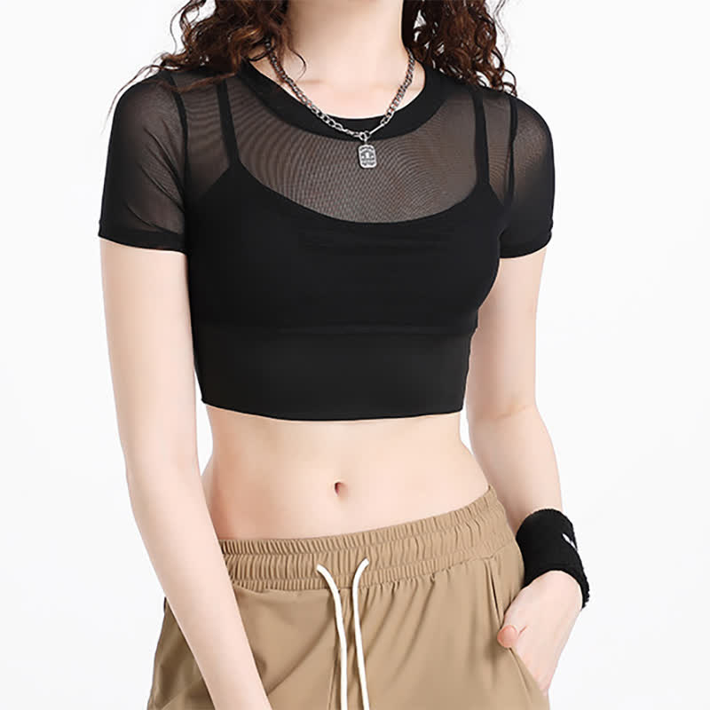 Plusock Plus Size Mesh Yoga Short Sleeves With Removable Chest Pad - image 0