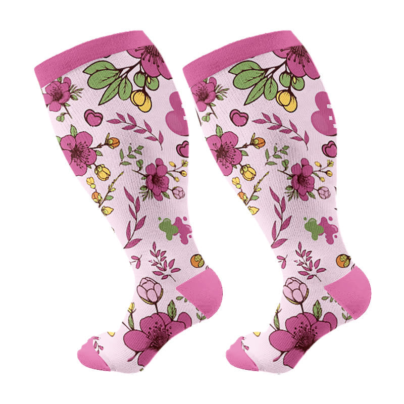 » Plus Size Yellow Purple Flower Compression Socks (100% off)