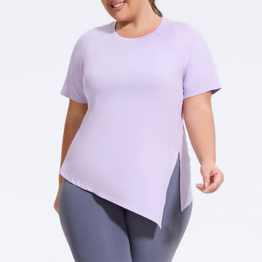 Plusock Plus Size Split Hem Yoga Workout Short Sleeve Top - Purple - 4XL - image 0