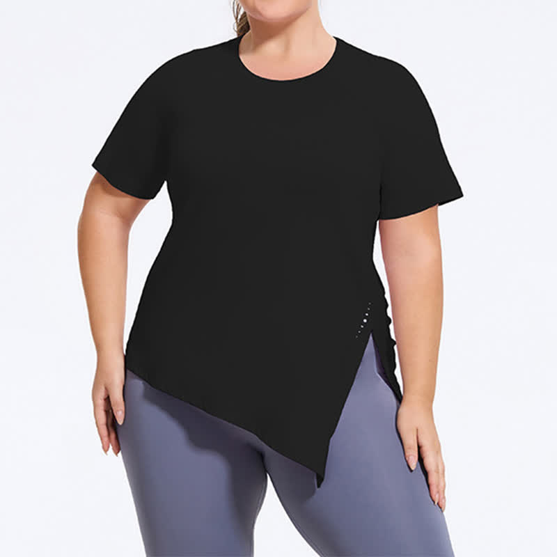 Plusock Plus Size Split Hem Yoga Workout Short Sleeve Top - Black - 4XL - image 5