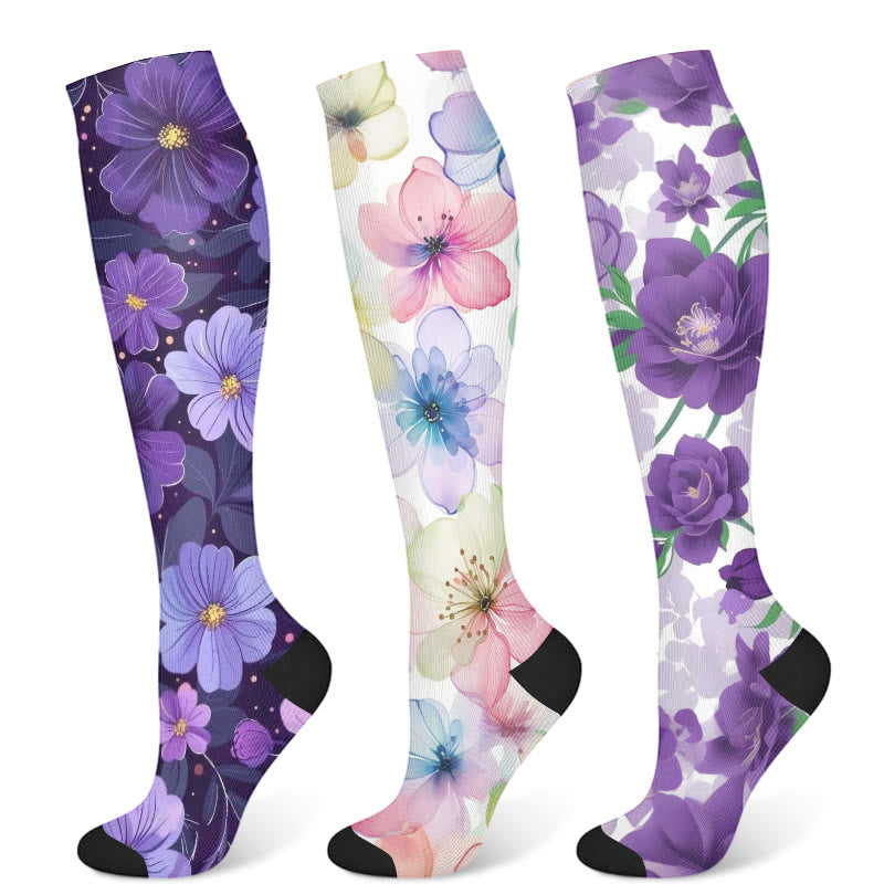 Purple Flower Series Compression Socks(3 Pairs)