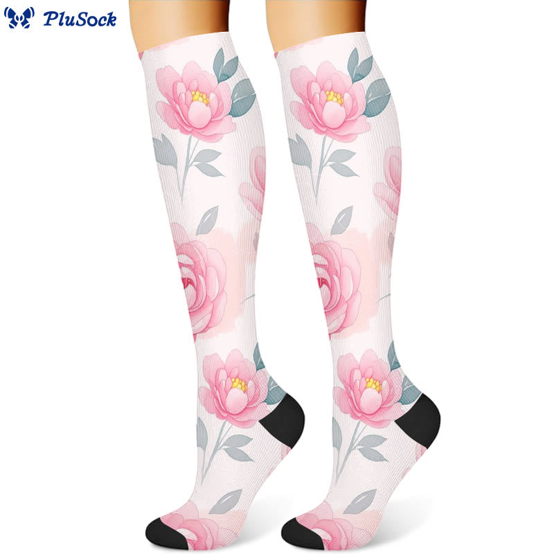 Yellow Pink Blooming Flower Compression Socks(3 Pairs)