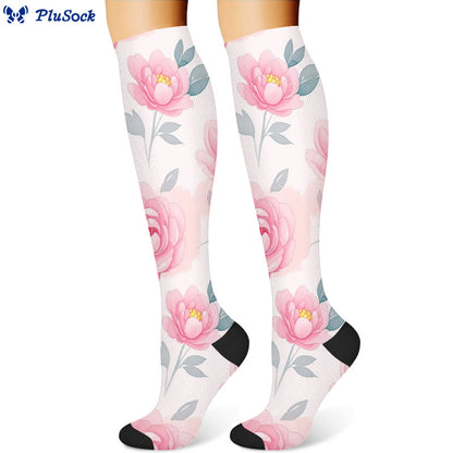 Yellow Pink Blooming Flower Compression Socks(3 Pairs)