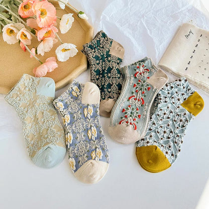 Retro 3D Relief Ankle Socks(5 Pairs)