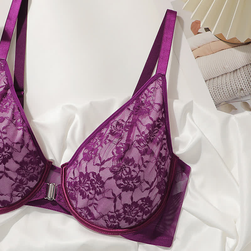 Plus Size Front Closure Breathable Lace Underwire Bra
