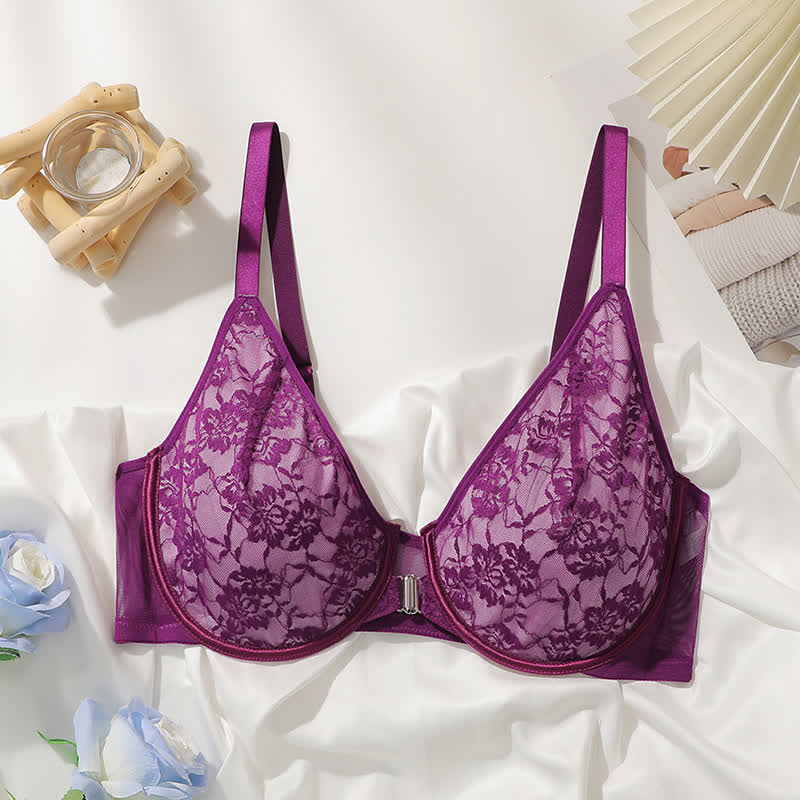 Plus Size Front Closure Breathable Lace Underwire Bra