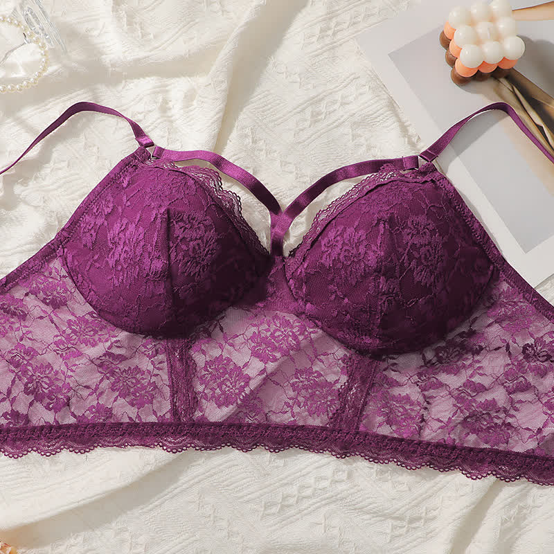 Purple Sexy Lace Chest Cross Wireless Bra