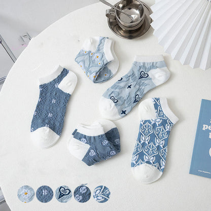 Blue Flowers Ankle Socks(5 Pairs)