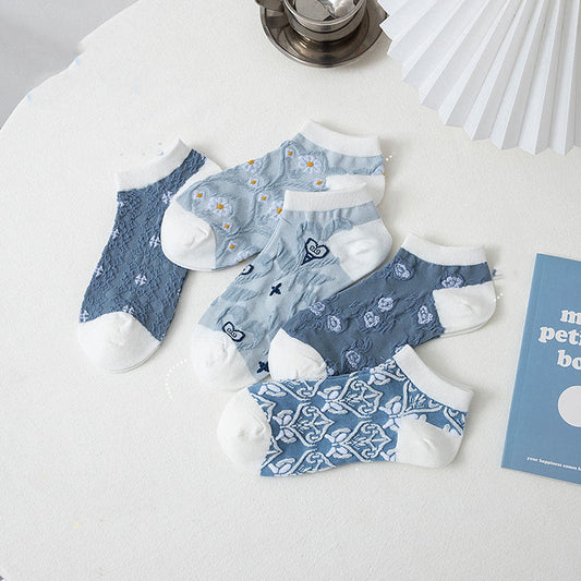 Blue Flowers Ankle Socks(5 Pairs)
