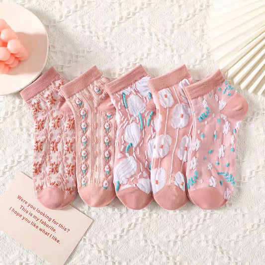 3D Pink Flowers Ankle Socks(5 Pairs)