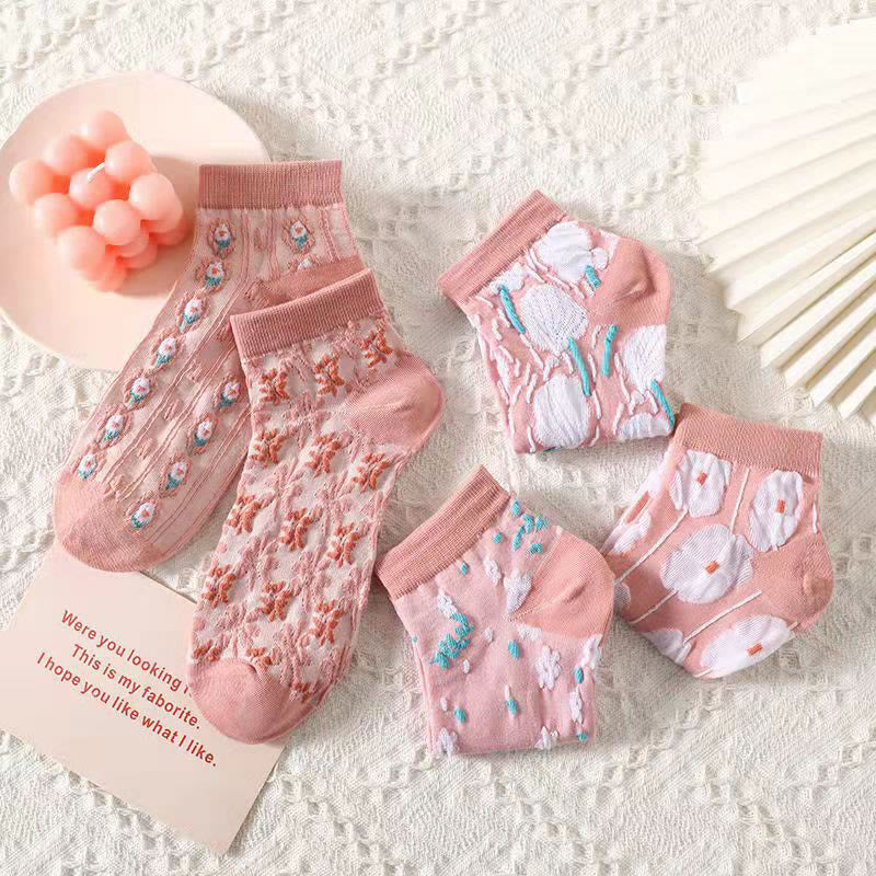 3D Pink Flowers Ankle Socks(5 Pairs)