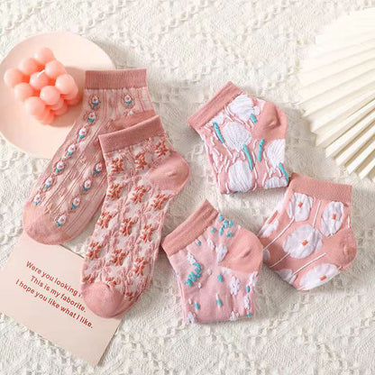 3D Pink Flowers Ankle Socks(5 Pairs)