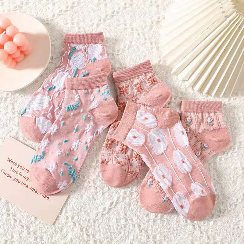 3D Pink Flowers Ankle Socks(5 Pairs)
