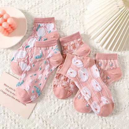 3D Pink Flowers Ankle Socks(5 Pairs)
