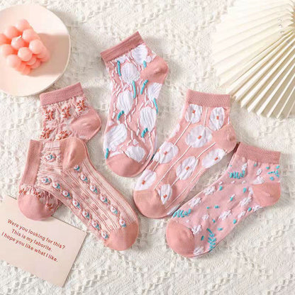 3D Pink Flowers Ankle Socks(5 Pairs)