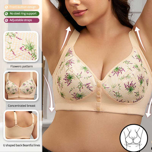 Plus Size Floral Front Closure Wireless Bra