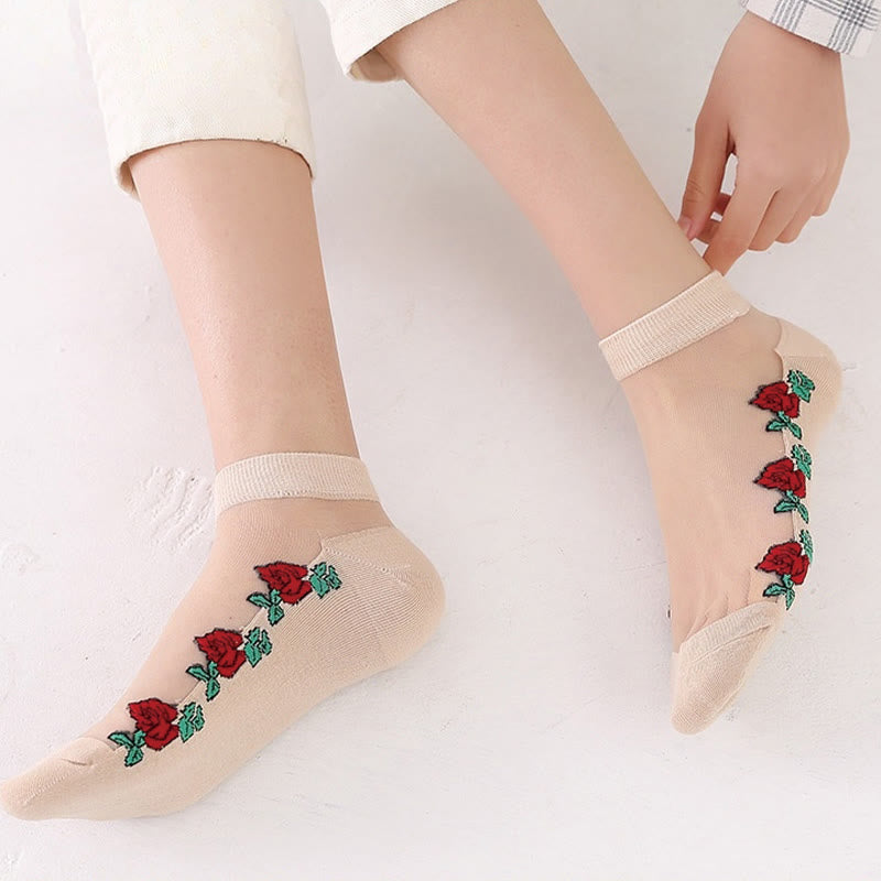 Breathable Red Rose Ankle Socks(5 Pairs)