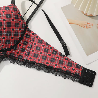 Plaid Heart Pattern Gathering Underwire Bra