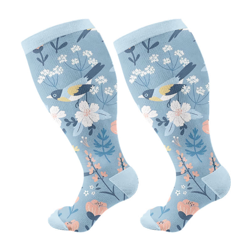Plus Size Breezy Flower Bird Compression Socks(3 Pairs)