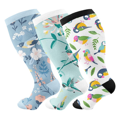 Plus Size Breezy Flower Bird Compression Socks(3 Pairs) - Multicolor - 4XL - image 4