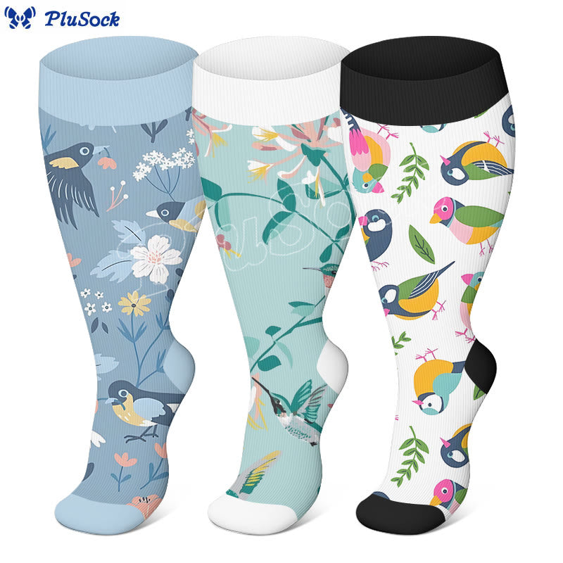 Plus Size Breezy Flower Bird Compression Socks(3 Pairs) - image 0