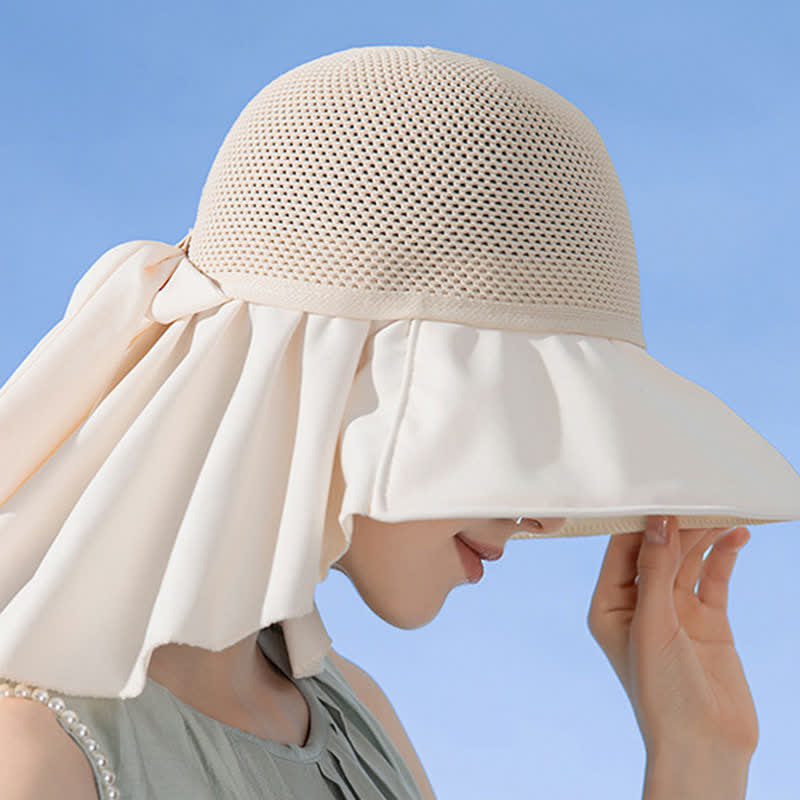 Wide-Brim Breathable Bow-Detail Sun Bucket Hat