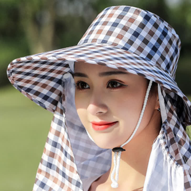 Mask Removable Plaid Pattern Sun Bucket Hat