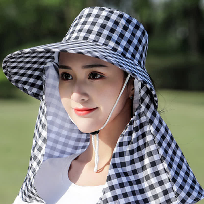 Mask Removable Plaid Pattern Sun Bucket Hat