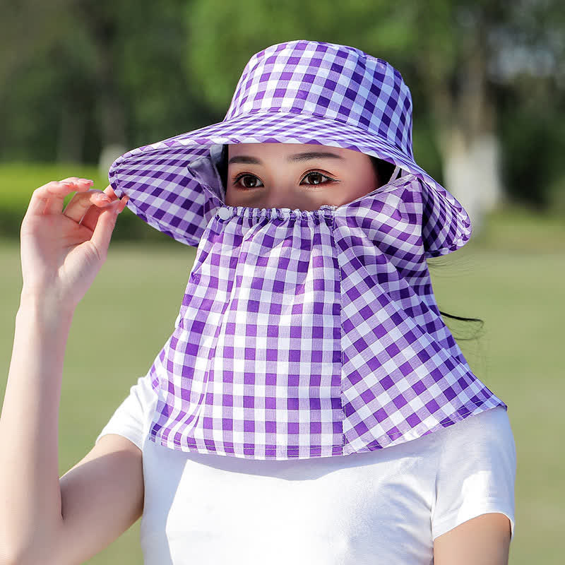 Mask Removable Plaid Pattern Sun Bucket Hat