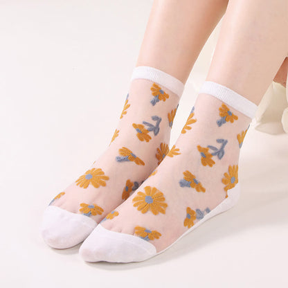 Ultra-thin Daisy Flower Sheer Ankle Socks(6 Pairs)