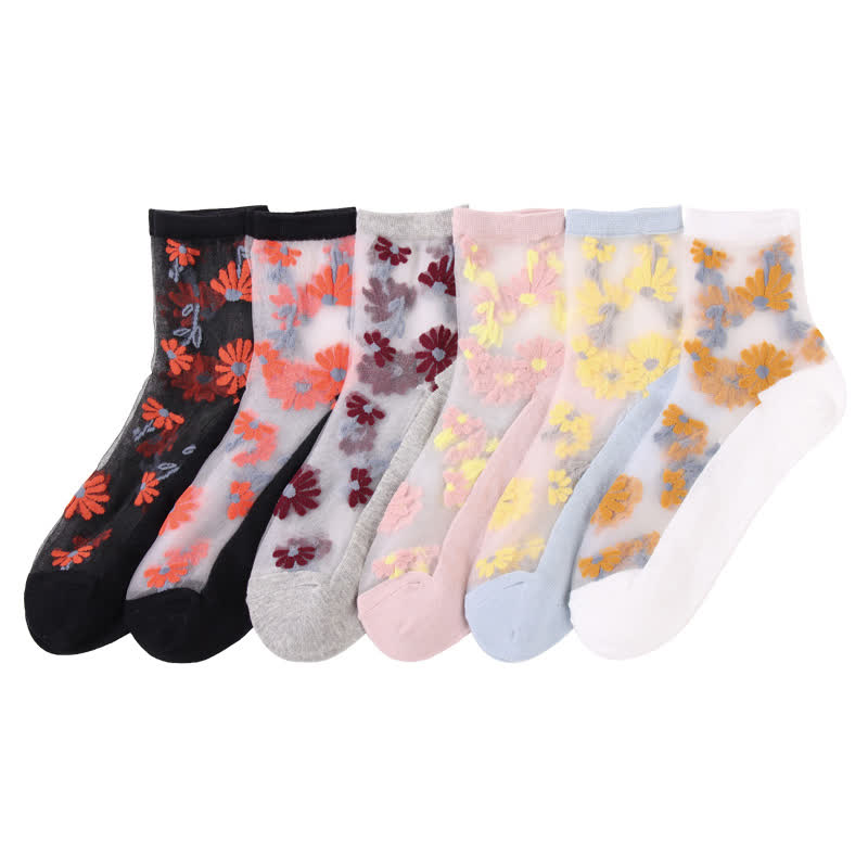 Ultra-thin Daisy Flower Sheer Ankle Socks(6 Pairs)