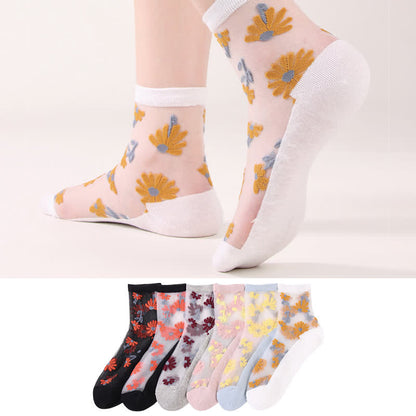 Ultra-thin Daisy Flower Sheer Ankle Socks(6 Pairs)