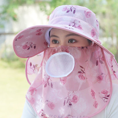 Rose Print Large Brim Shawl Mask Sun Hat