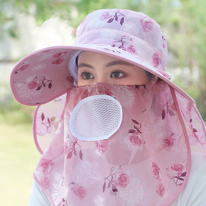 Rose Print Large Brim Shawl Mask Sun Hat