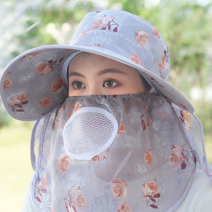 Rose Print Large Brim Shawl Mask Sun Hat