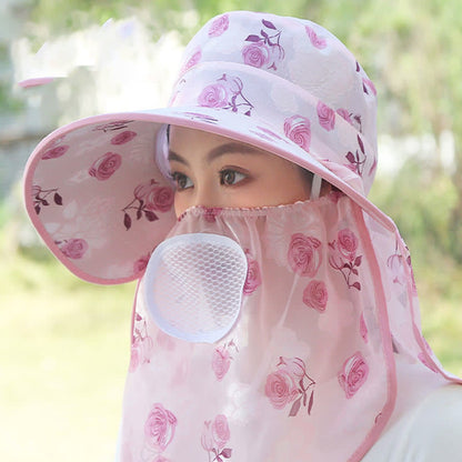 Rose Print Large Brim Shawl Mask Sun Hat