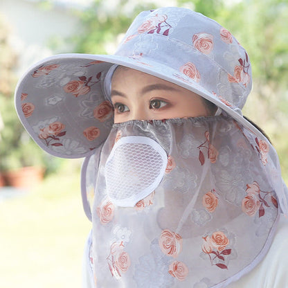 Rose Print Large Brim Shawl Mask Sun Hat