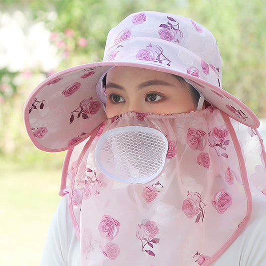 Rose Print Large Brim Shawl Mask Sun Hat