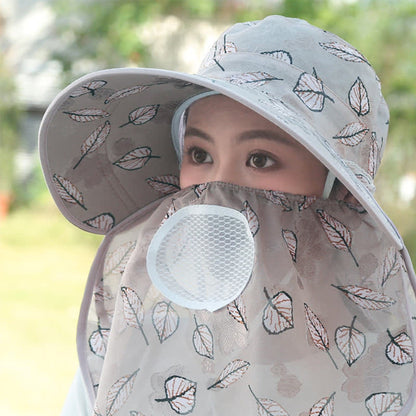Leaf Print Large Brim Shawl Mask Sun Hat