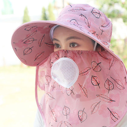 Leaf Print Large Brim Shawl Mask Sun Hat
